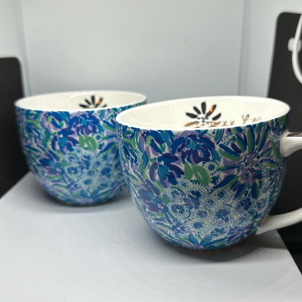 COPY - Extra Lg Set o/2 Lilly Pulitzer Ceramic Cups Blue/Purple/Green w/Golden …